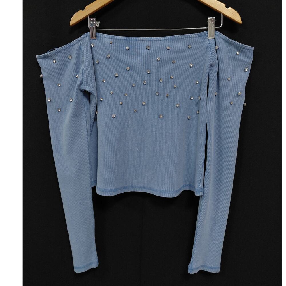 NWT SILENCE + NOISE Off-Shoulder Embellished Top Blue Solid Knit Long Size XL